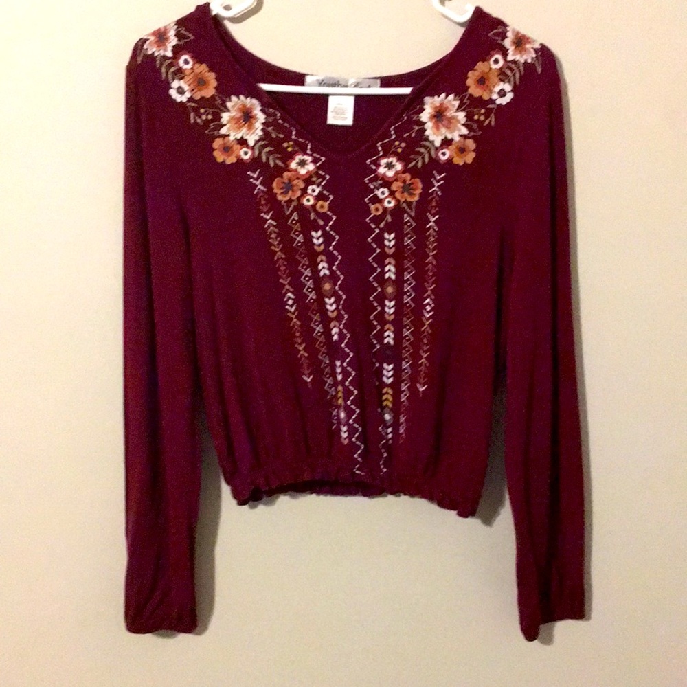 Burgundy crop top with southwest patterns